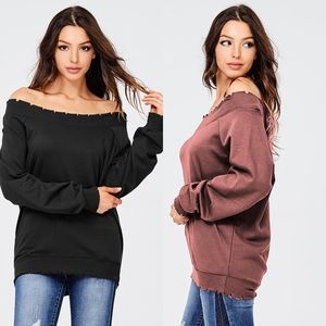 Off Shoulder Distress Sweatshirt